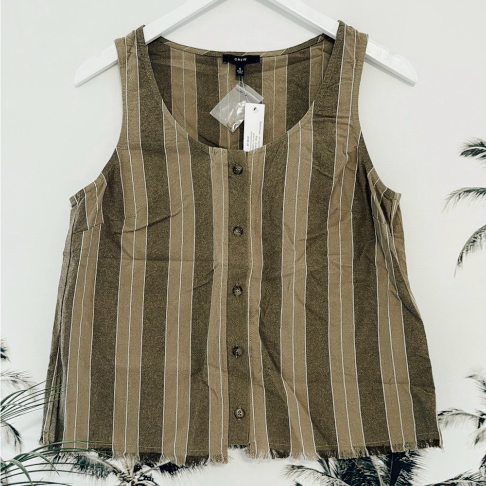Anthropologie DREW Olive Stripe Button Front Tank Top NWT Small Cotton Fringe